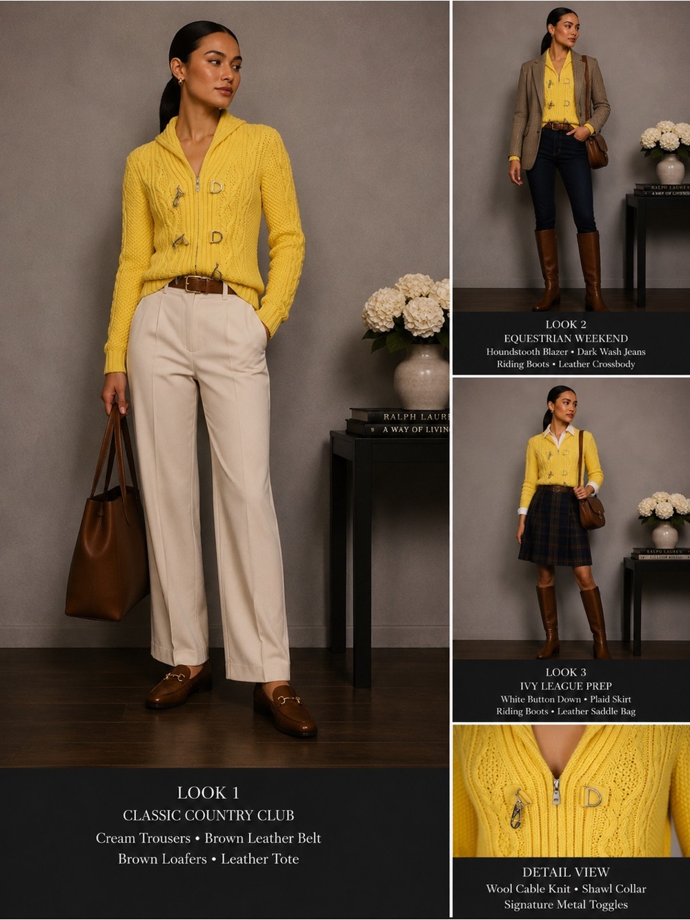 Lauren Ralph Lauren Yellow Cable Knit Cardigan Sweater L 100% Cotton Toggle Zip